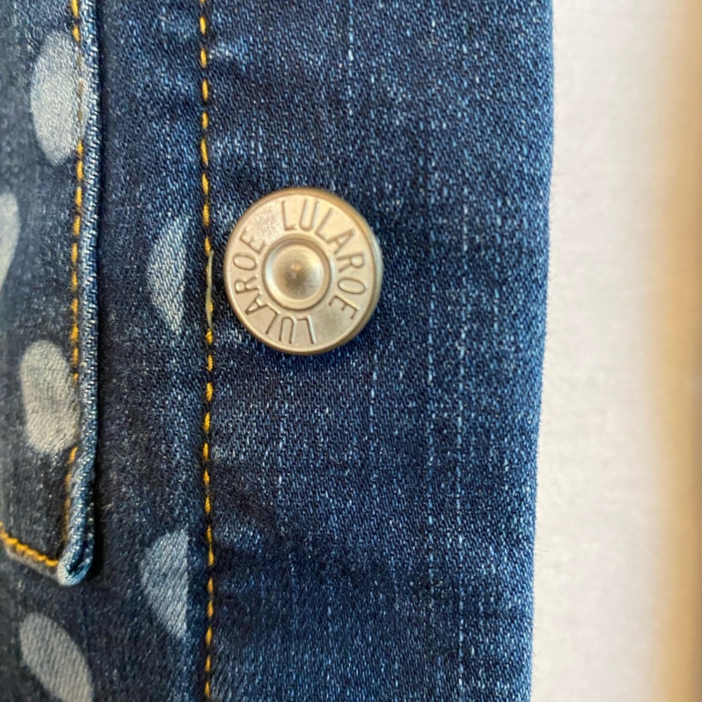 LulaRoe Kenny Denim Jacket Polka Dot, Hearts, Dark/Light Blue, Size Extra Small - Picture 10 of 13